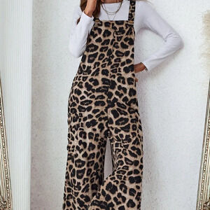 Khaki Casual Women's Leopard Print Pocket Loose Jumpsuit